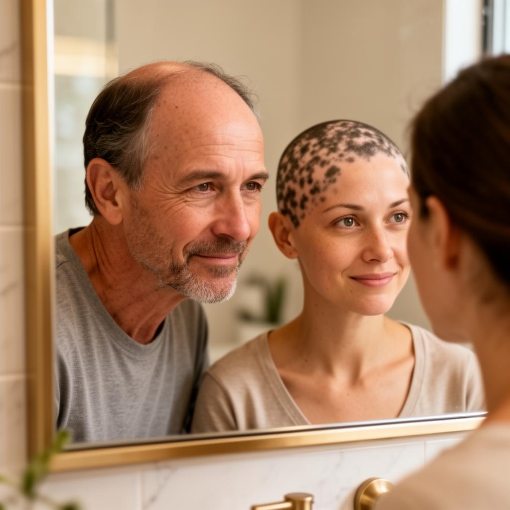 Man and woman looking in the mirror while evaluating different hair loss patterns