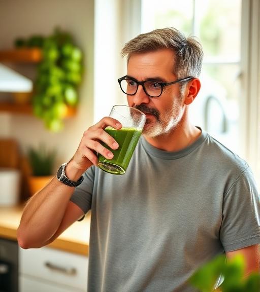 Man enjoying a healthy smoothie in his kitchen