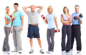 Gym, Fitness, healthy lifestyle. Smiling people. Over white back